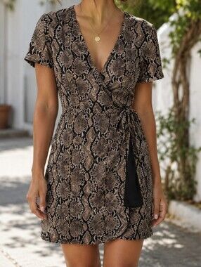 Aritzia Snake Print Faux Wrap Dress Animal Print Mini Dress  V-Neck Short Sleeve